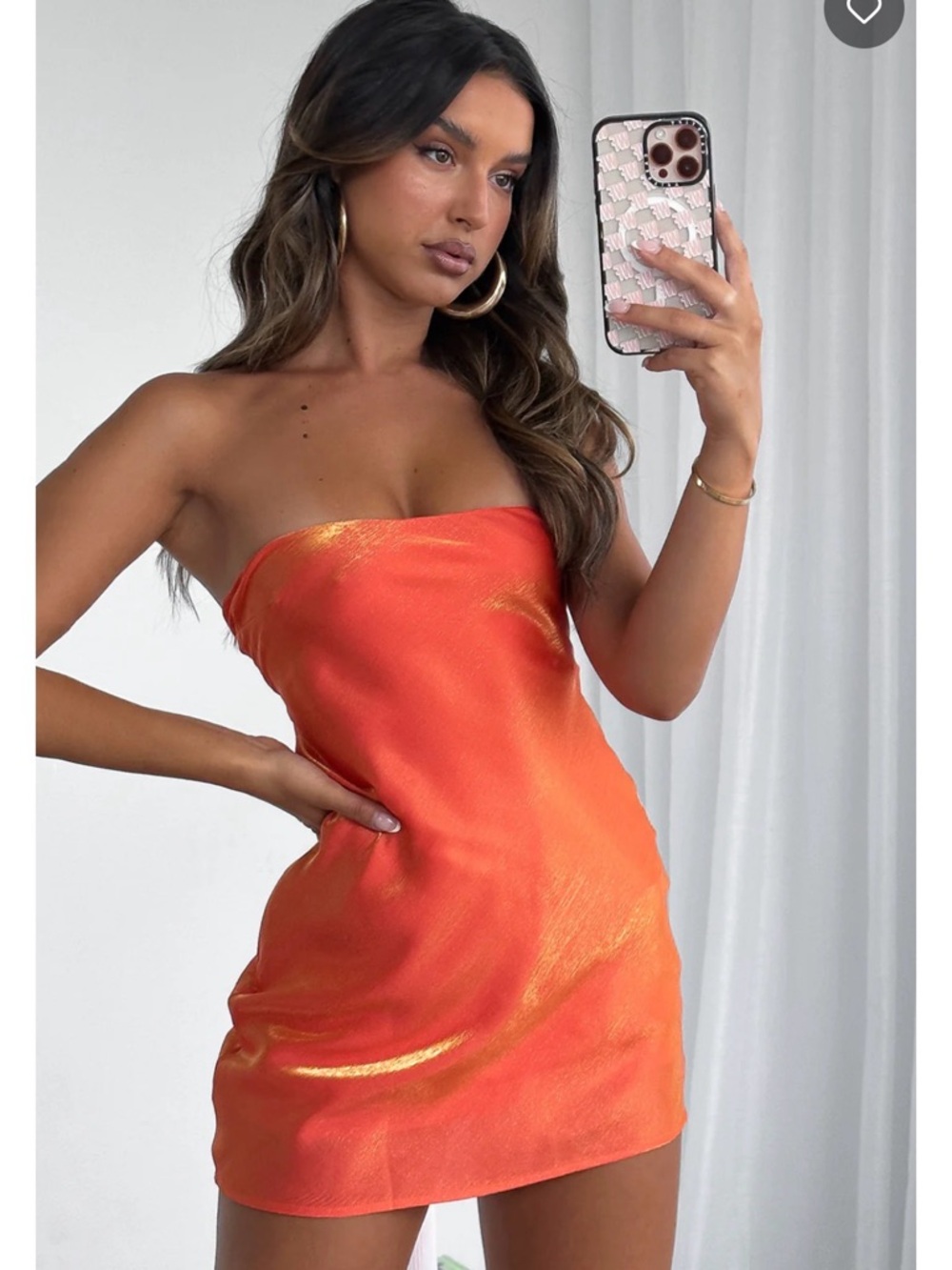 White Fox Boutique Orange Satin Mini Dress with Gold Sheen